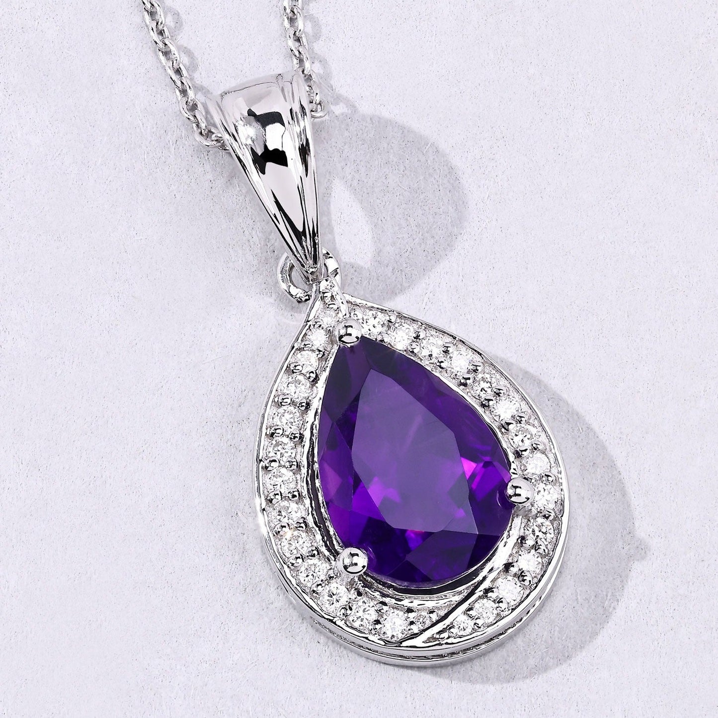 2.50 Ct Pear Purple Amethyst and Lab Diamond prong Silver Halo teardrop pendant Necklace