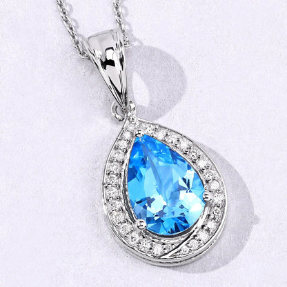 3.50 Ct Pear Swiss Blue Topaz and Lab Diamond prong Silver Halo teardrop pendant Necklace
