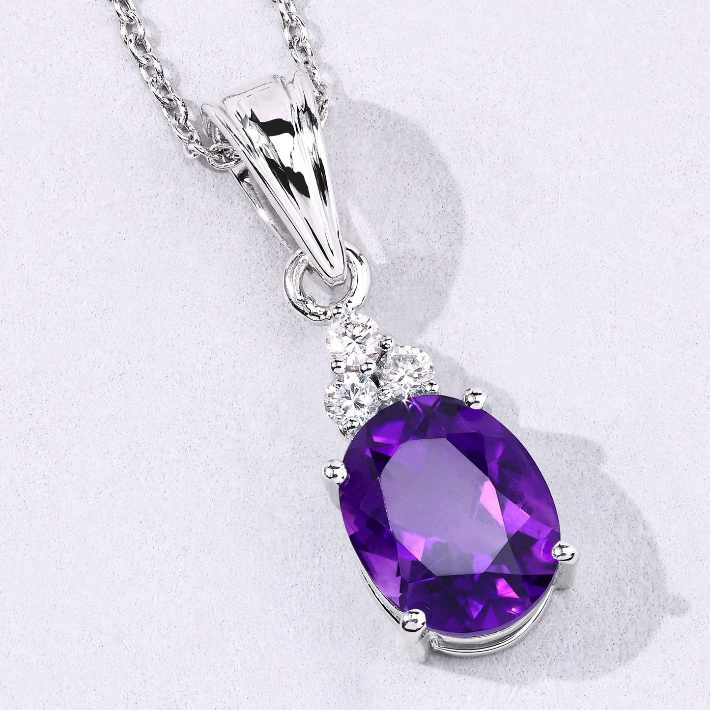 2.20 Ct oval purple Amethyst and Lab Diamond prong Silver Cocktail pendant Necklace