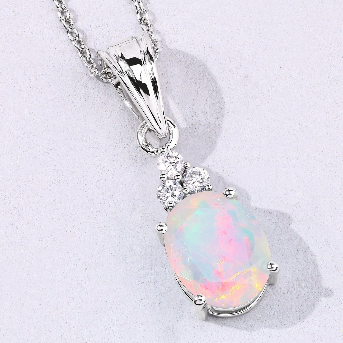1.56 Ct oval white Ethiopian Opal and Lab Diamond prong Silver Cocktail pendant Necklace