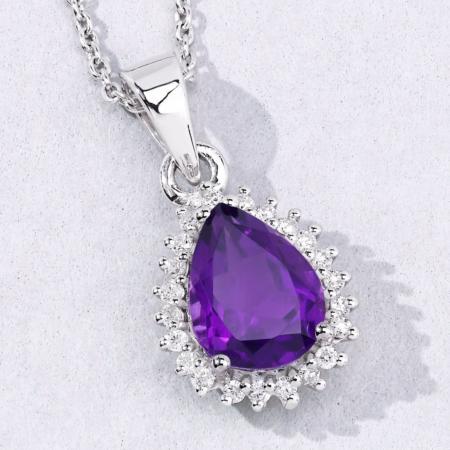 1.40 Ct pear purple Amethyst and Lab Diamond prong Silver Halo teardrop pendant Necklace