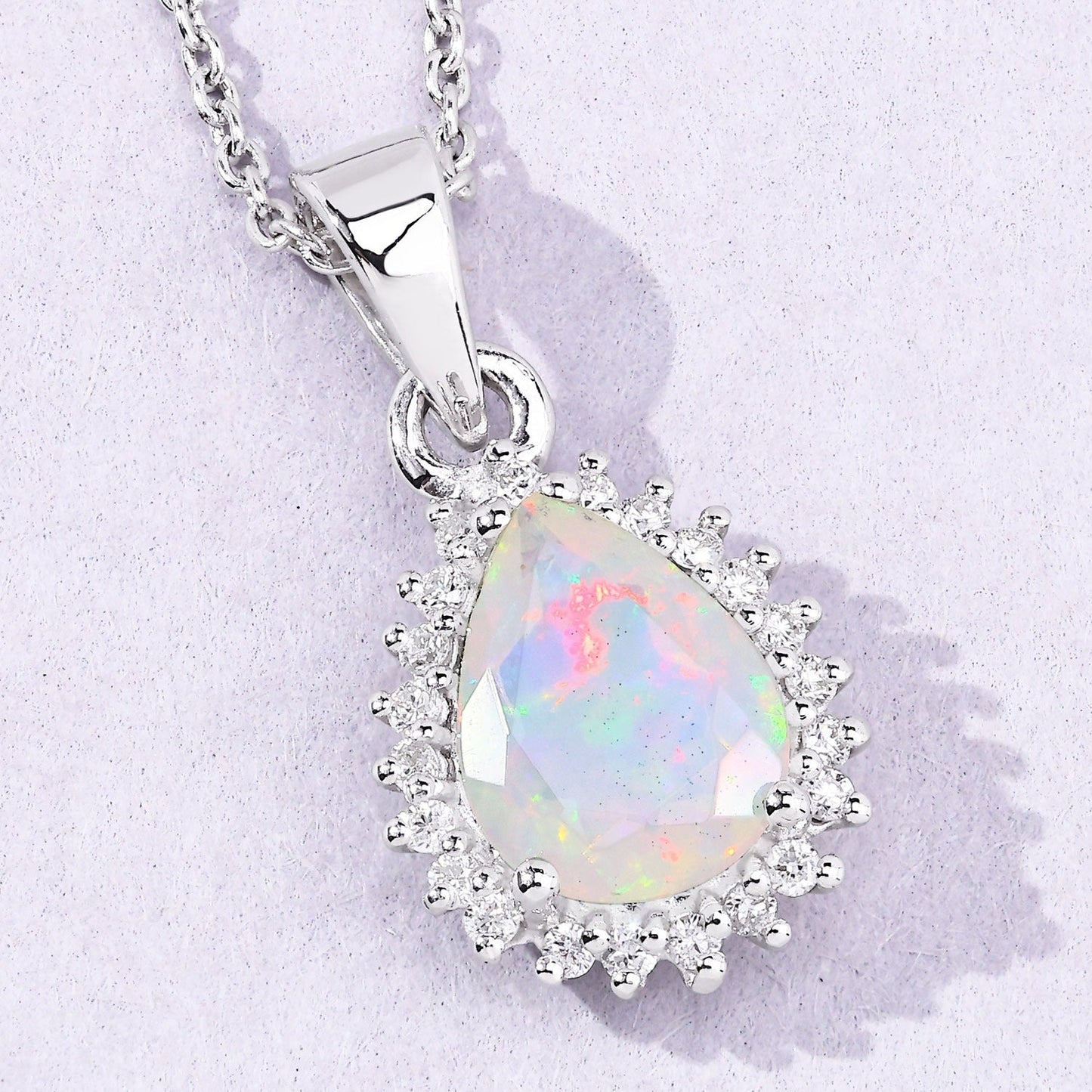 0.90 Ct pear white Ethiopian Opal and Lab Diamond prong Silver Halo teardrop pendant Necklace