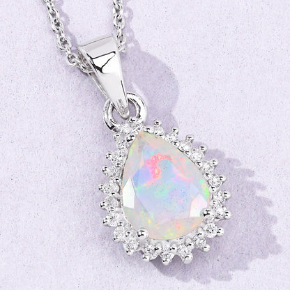 0.90 Ct pear white Ethiopian Opal and Lab Diamond prong Silver Halo teardrop pendant Necklace