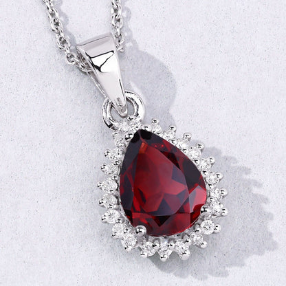 1.80 Ct pear red Mozambique Garnet and Lab Diamond prong Silver Halo teardrop pendant Necklace