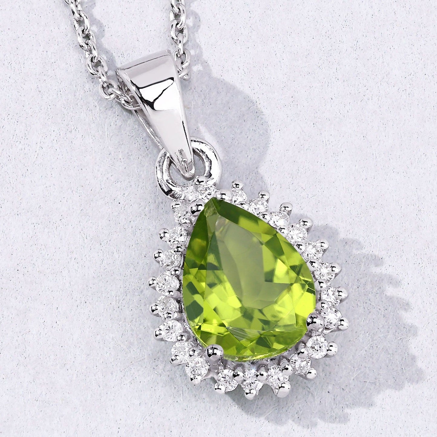 1.46 Ct pear green Peridot and Lab Diamond prong Silver Halo teardrop pendant Necklace