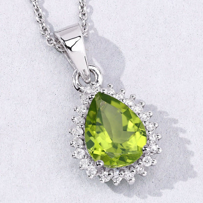 1.46 Ct pear green Peridot and Lab Diamond prong Silver Halo teardrop pendant Necklace