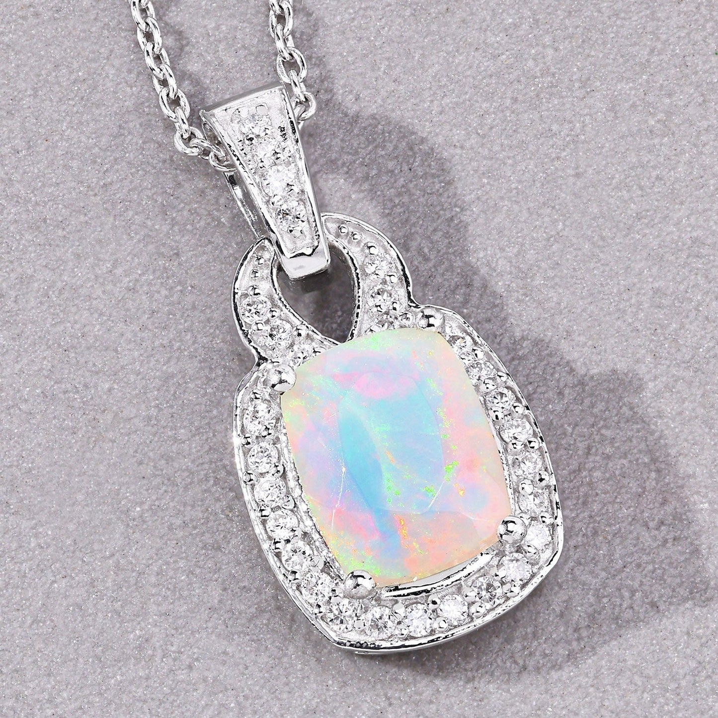 1 Ct cushion white Ethiopian Opal and Lab Diamond prong Silver Slide Pendant Necklace