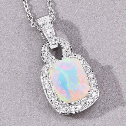 1 Ct cushion white Ethiopian Opal and Lab Diamond prong Silver Slide Pendant Necklace
