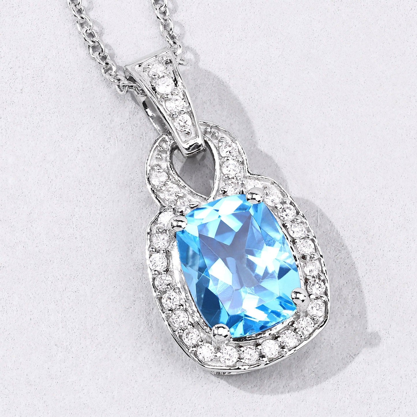 2.65 Ct cushion Swiss Blue Topaz and Lab Diamond prong Silver Slide Pendant Necklace