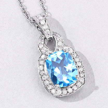 2.65 Ct cushion Swiss Blue Topaz and Lab Diamond prong Silver Slide Pendant Necklace