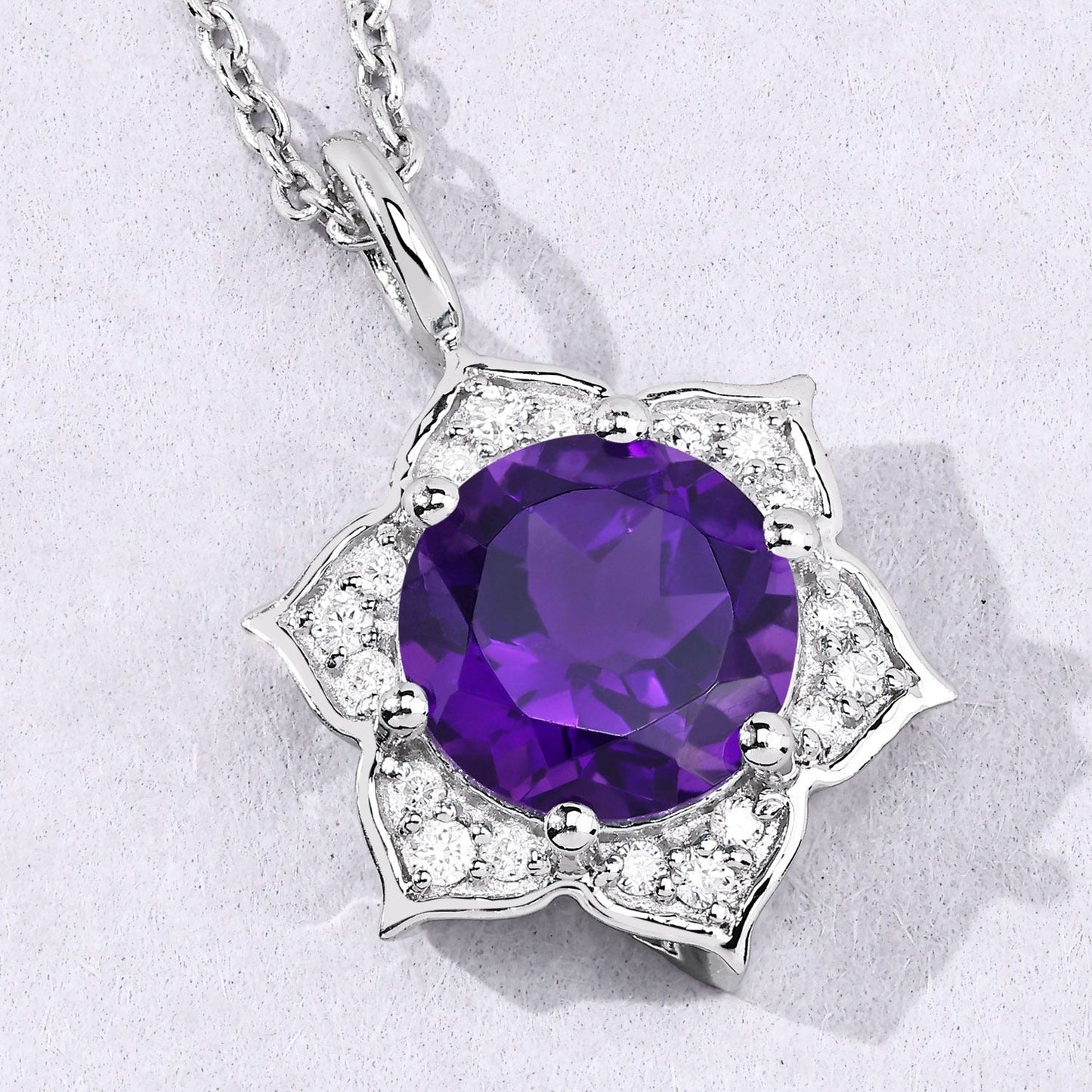 1.80 Ct round purple Amethyst and Lab Diamond prong Silver flower pendant Necklace