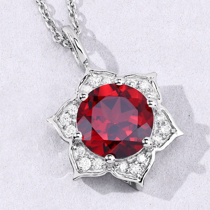 2.25 Ct round red Mozambique Garnet and Lab Diamond prong Silver flower pendant Necklace