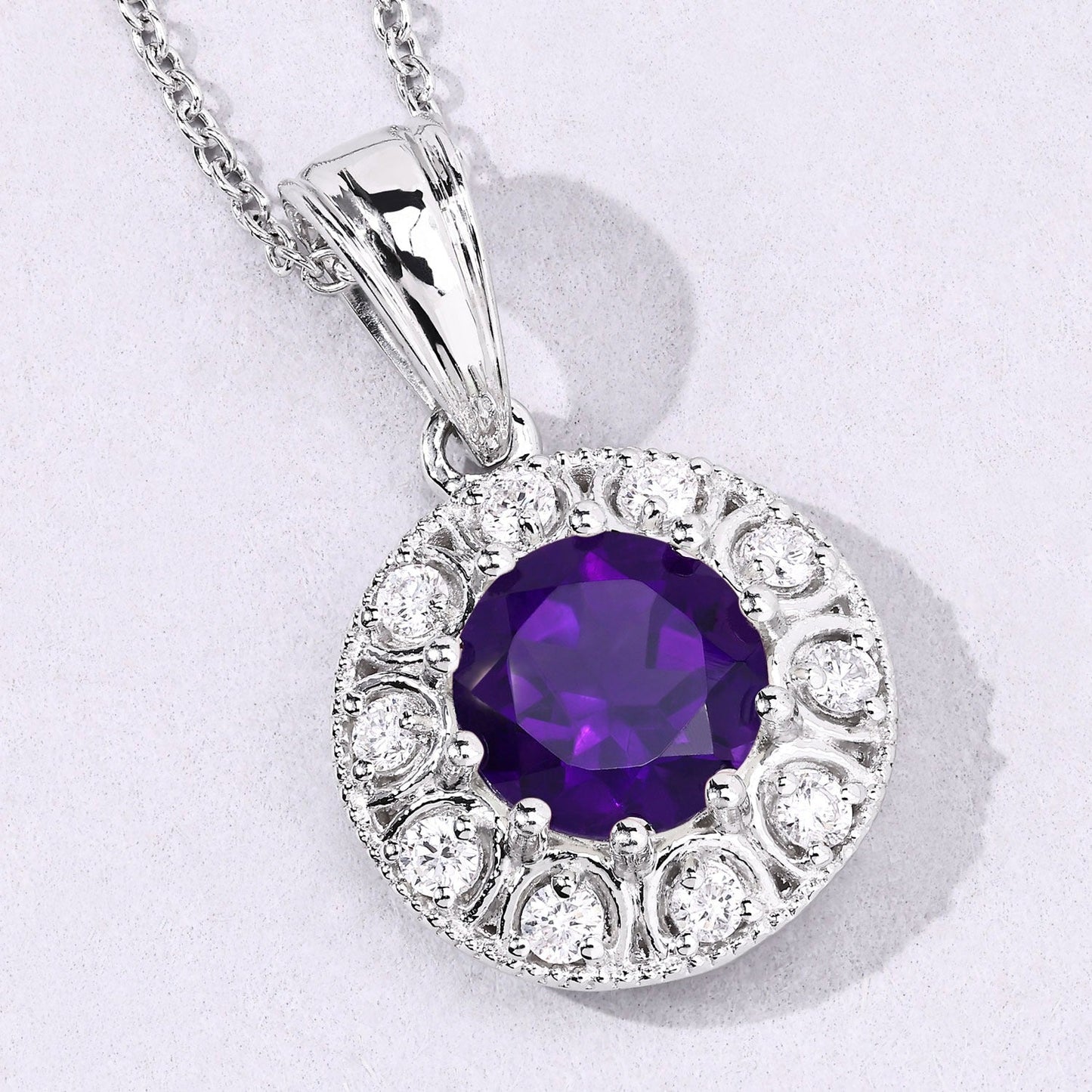 1.80 Ct round purple Amethyst and Lab Diamond prong Silver Halo pendant Necklace