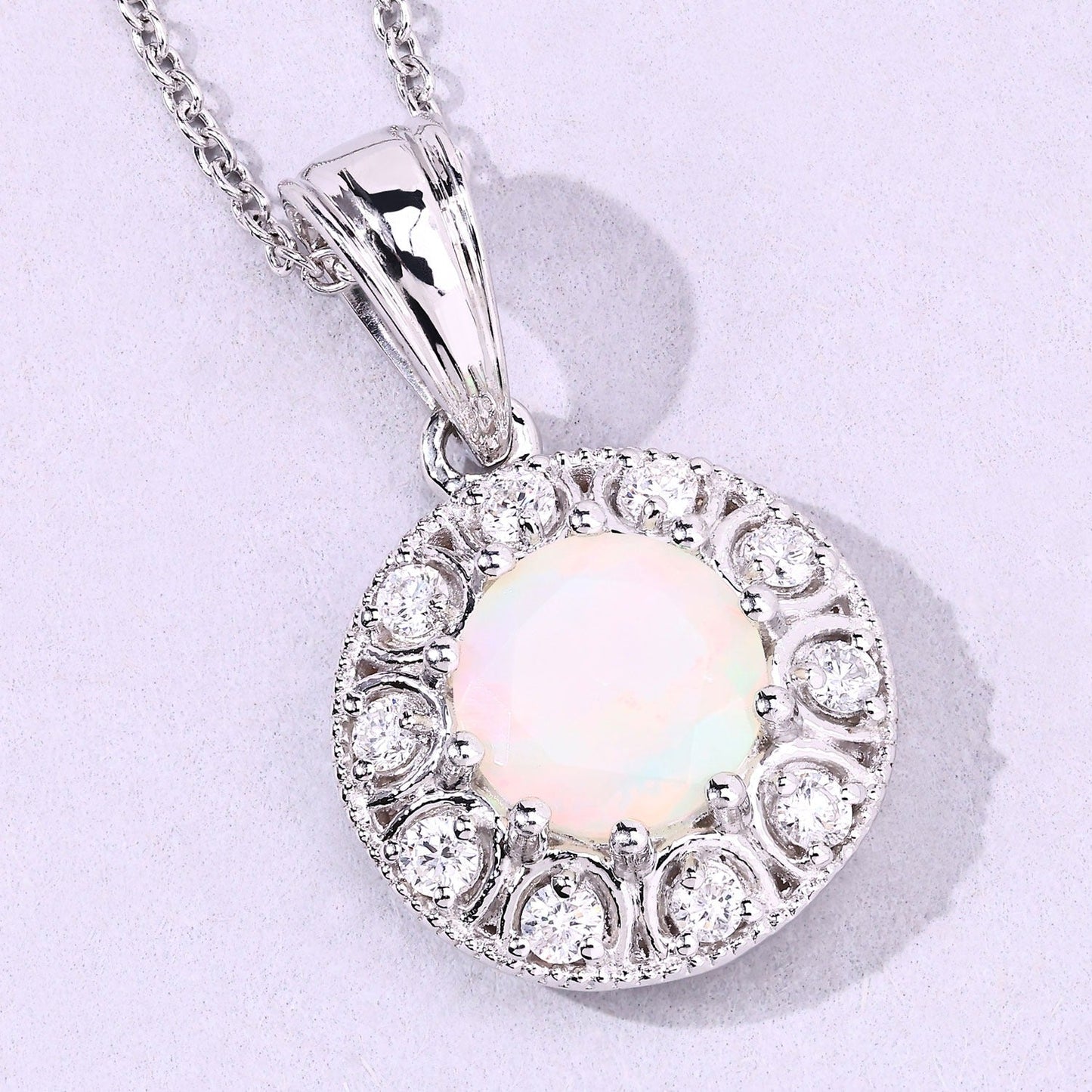 0.90 Ct round white Ethiopian Opal and Lab Diamond prong Silver Halo pendant Necklace