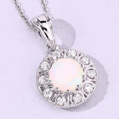 0.90 Ct round white Ethiopian Opal and Lab Diamond prong Silver Halo pendant Necklace