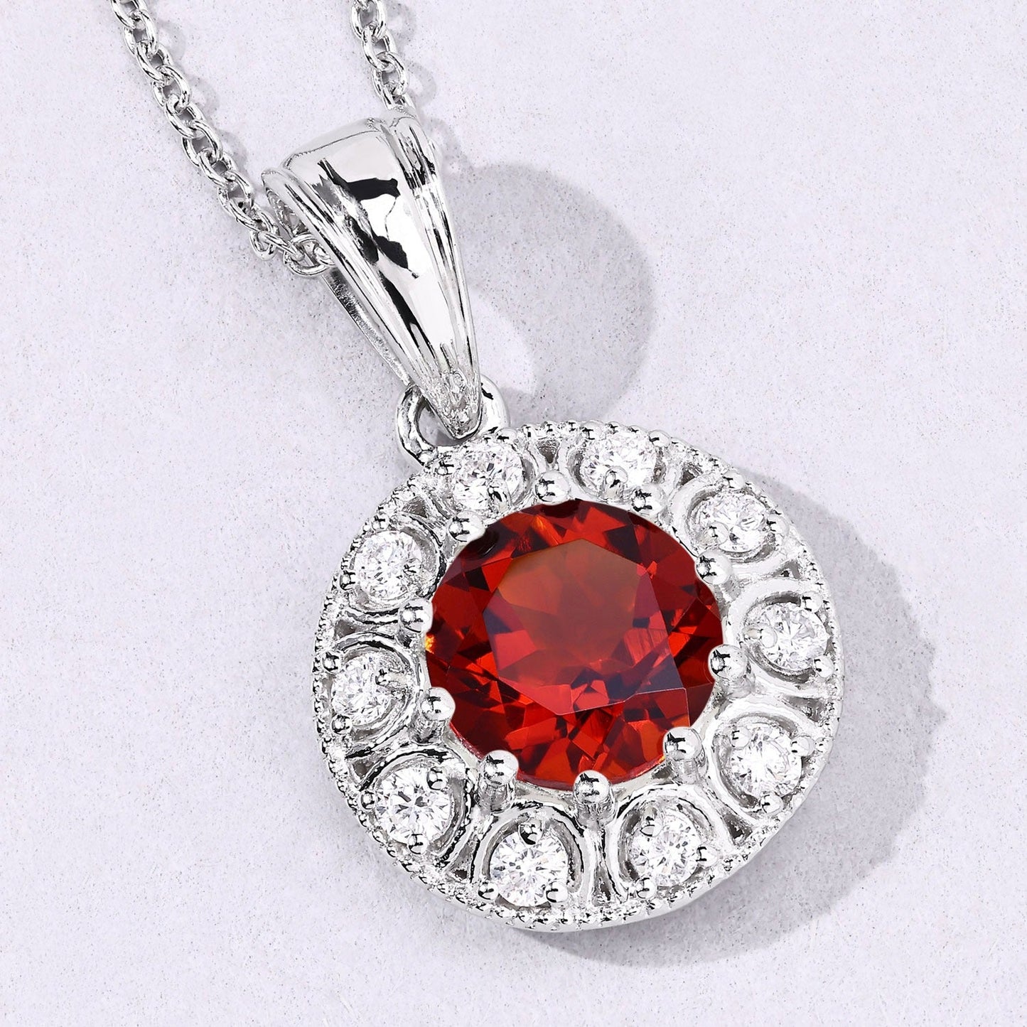 1.50 Ct round orange Madeira Citrine and Lab Diamond prong Silver Halo pendant Necklace