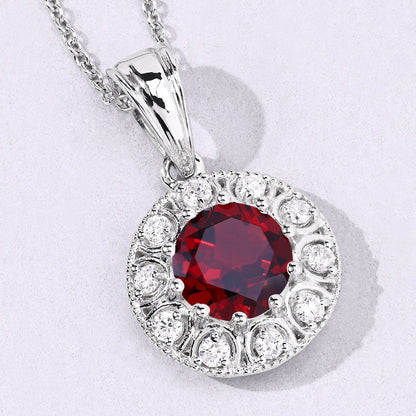 2.25 Ct round red Mozambique Garnet & Lab Diamond prong Silver Halo pendant Necklace