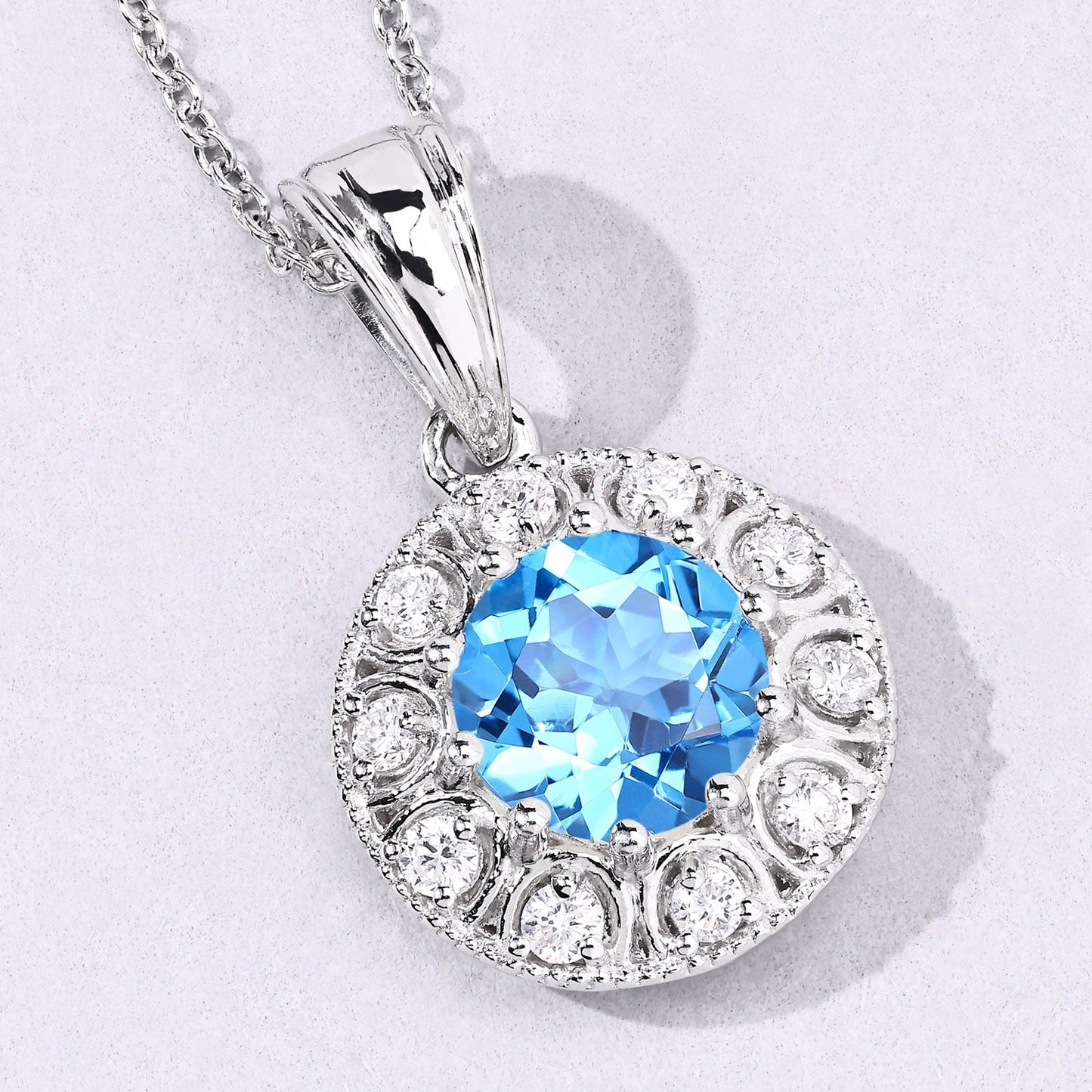 2.25 Ct round Swiss Blue Topaz & Lab Diamond prong Silver Halo pendant Necklace