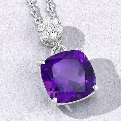 2.60 Ct Cushion Purple  Amethyst & Lab Diamond prong Silver Slide Pendant Necklace