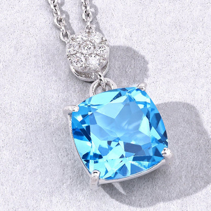 3.40 Ct Cushion Swiss Blue Topaz & Lab Diamond prong Silver Slide Pendant Necklace