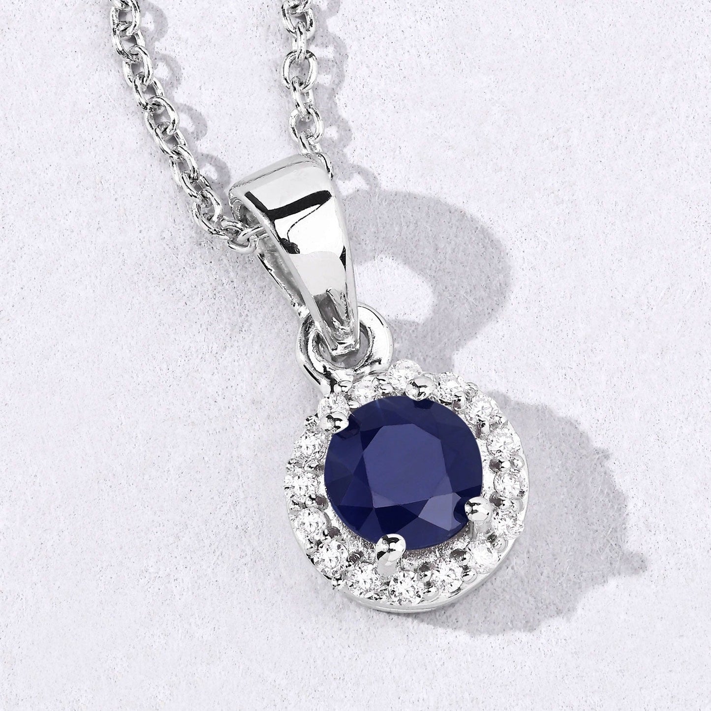 0.75 CTTW Round Blue Sapphire & Lab Diamond prong Silver Halo Pendant Necklace