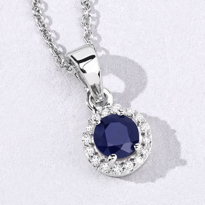 0.75 CTTW Round Blue Sapphire & Lab Diamond prong Silver Halo Pendant Necklace
