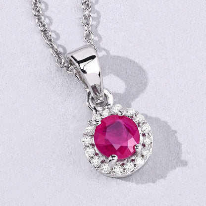 0.55 Ct Round Pink Mozambique Ruby & Lab Diamond prong Silver Halo pendant Necklace