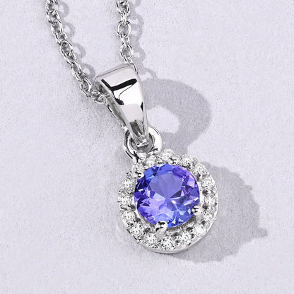0.47 Ct Round violet Tanzanite & Lab Diamond prong Silver Halo pendant Necklace