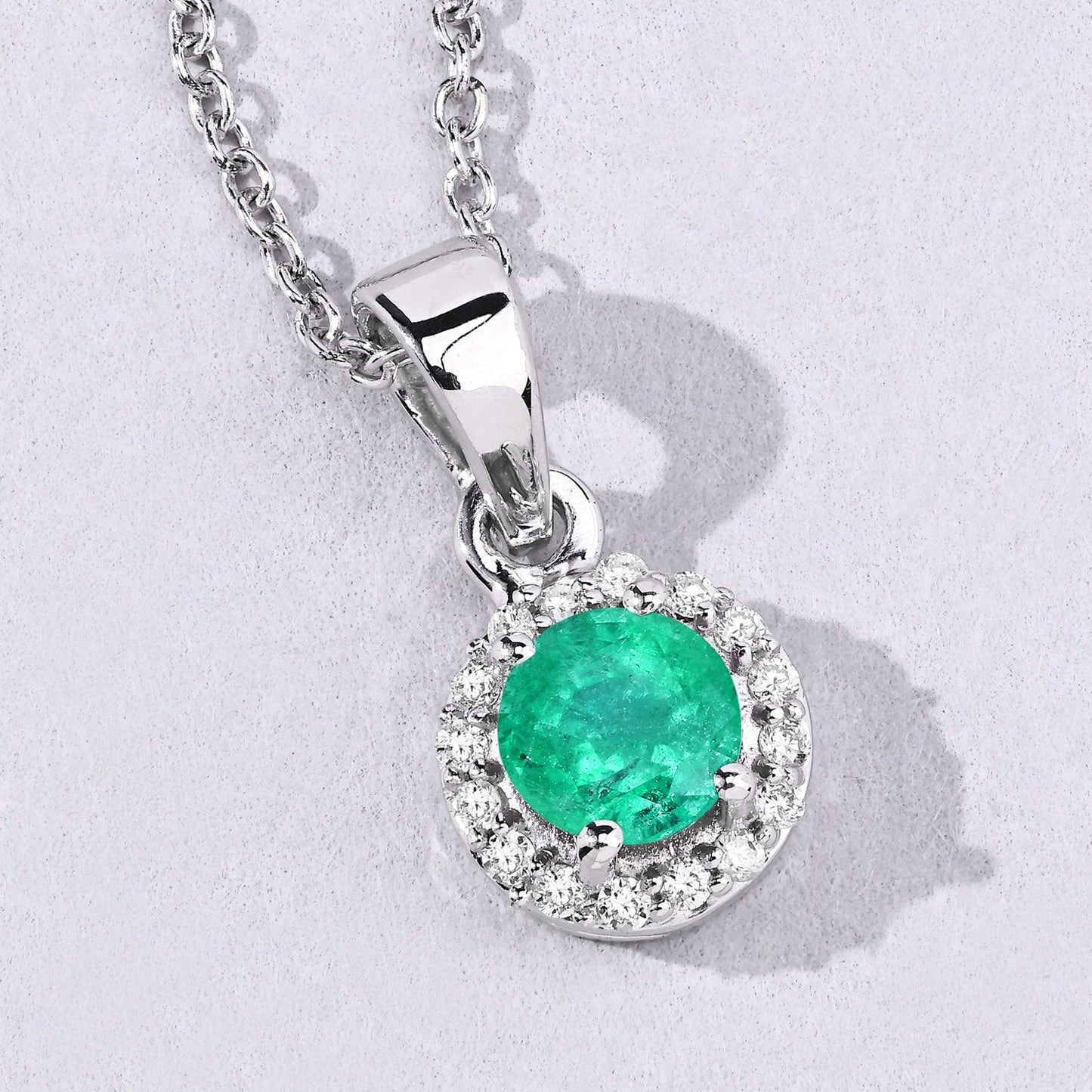 0.42 Ct Round Green Zambian Emerald & Lab Diamond Prong Silver Halo Pendant Necklace
