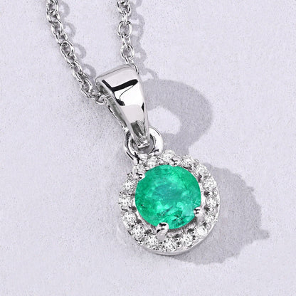 0.42 Ct Round Green Zambian Emerald & Lab Diamond Prong Silver Halo Pendant Necklace