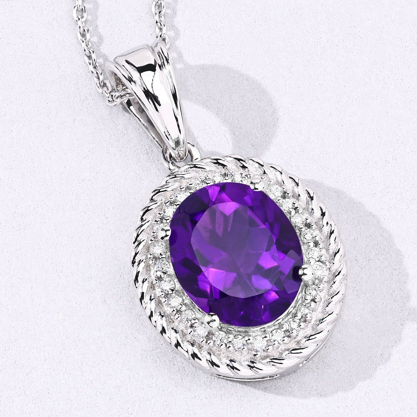 3.20 Ct Oval Purple Amethyst & Lab Diamond Prong Silver Oval Halo Pendant Necklace