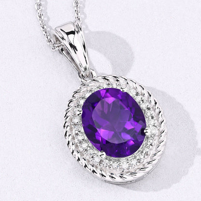 3.20 Ct Oval Purple Amethyst & Lab Diamond Prong Silver Oval Halo Pendant Necklace