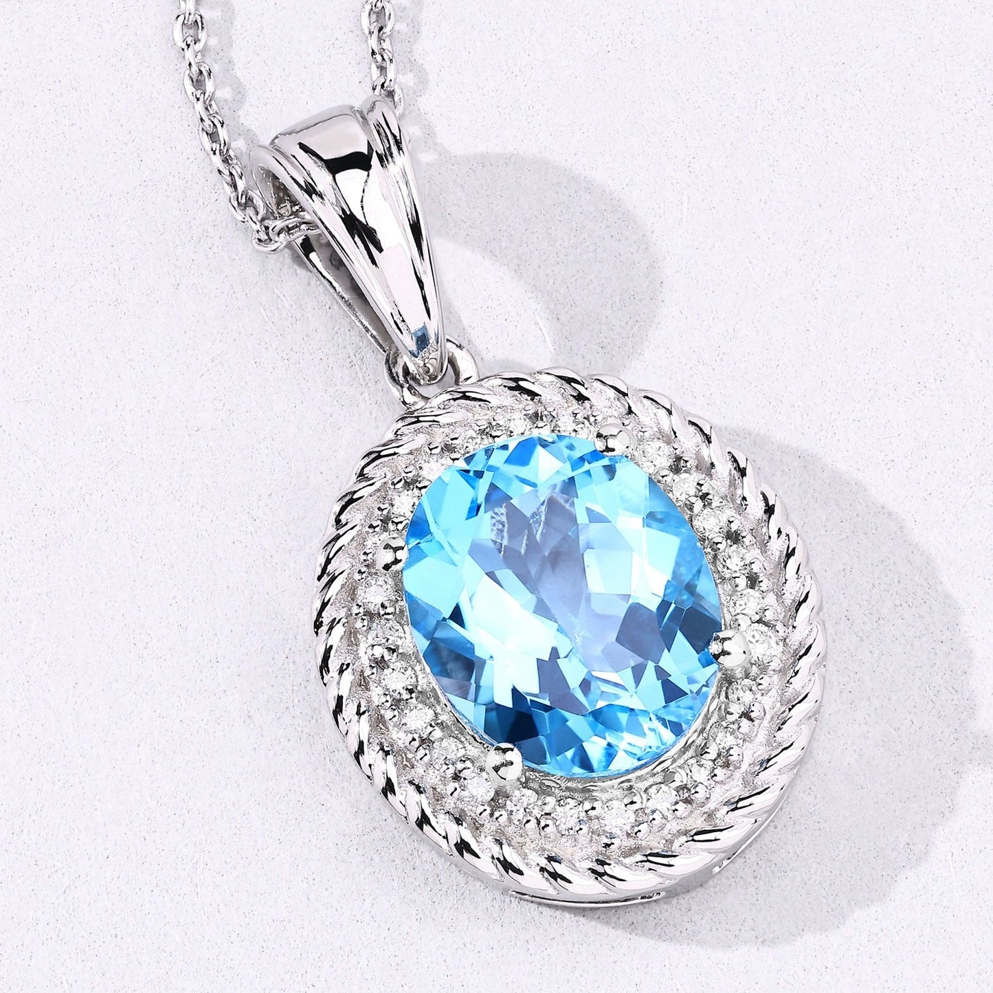 4 Ct Oval Swiss Blue Topaz & Lab Diamond Prong Silver Halo Pendant Necklace
