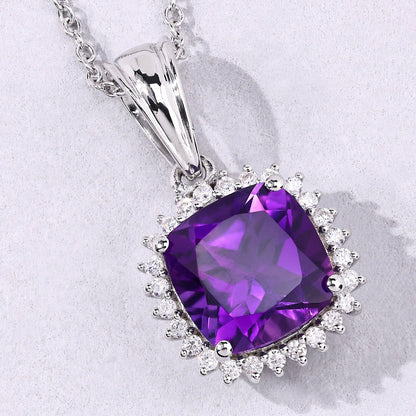 2.60 Ct Cushion Purple Amethyst & Lab Diamond Prong Silver Halo Pendant Necklace