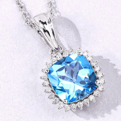 3.40 Ct Cushion Swiss Blue Topaz & Lab Diamond Prong Silver Halo Pendant Necklace