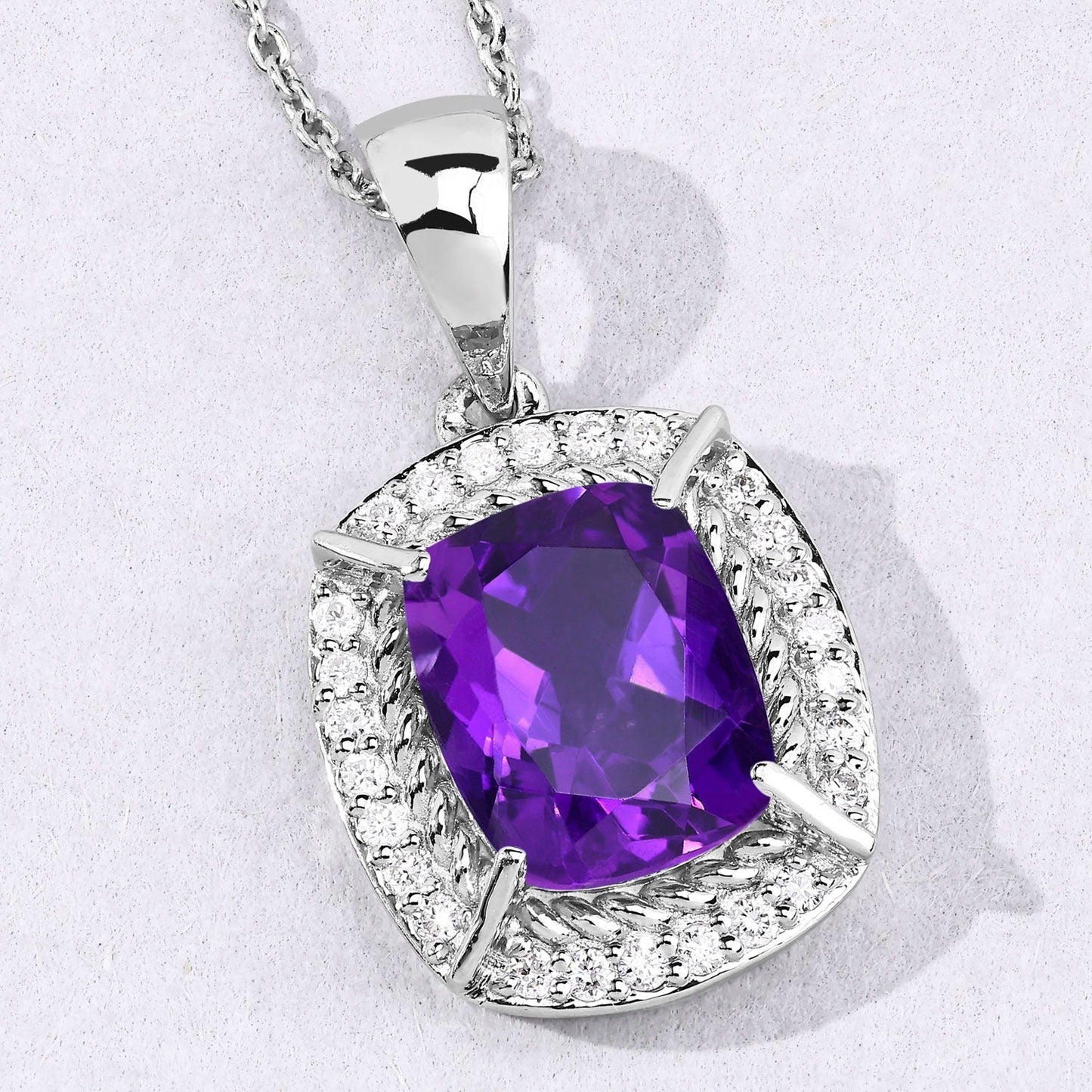 2.60 Ct Cushion Purple Amethyst & Lab Diamond Prong Silver Halo Pendant Necklace