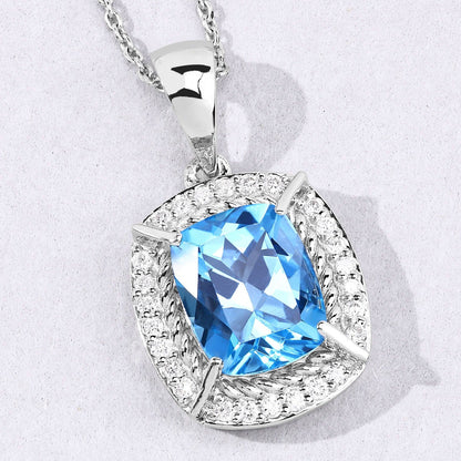 3.50 Ct Cushion Swiss Blue Topaz & Lab Diamond Prong Silver Halo Pendant Necklace