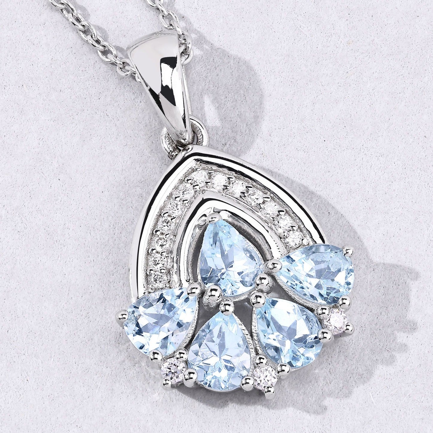 1.10 Ct Pear Blue Aquamarine & Lab Diamond Prong Silver Five Stone Pendant Necklace
