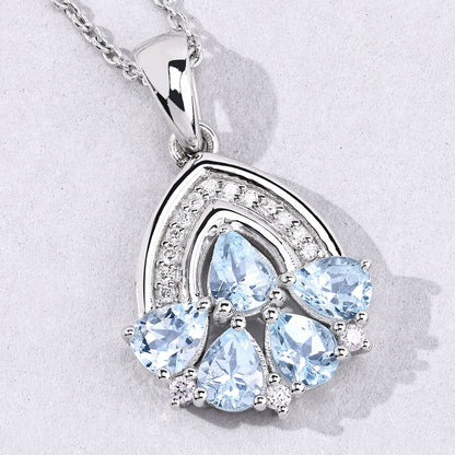 1.10 Ct Pear Blue Aquamarine & Lab Diamond Prong Silver Five Stone Pendant Necklace