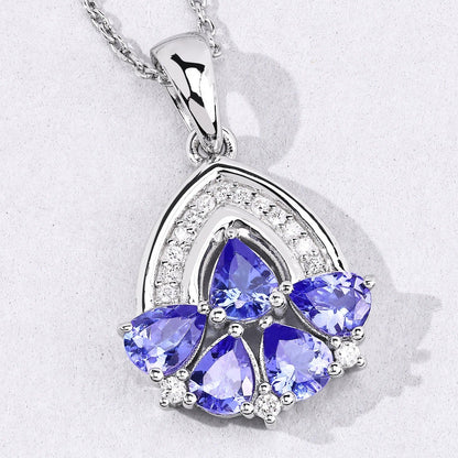 1.40 Ct Pear Violet Tanzanite & Lab Diamond Prong Silver Five Stone Pendant Necklace