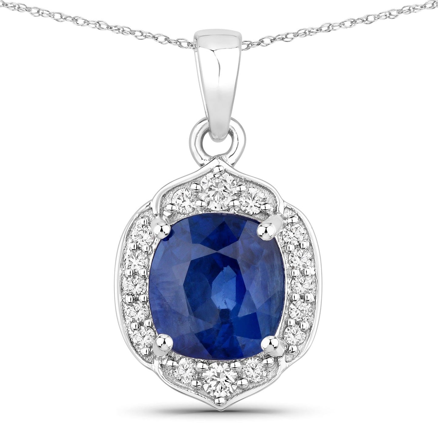 2.19 Ct Genuine Cushion Ceylon Blue Sapphire and Diamond 18K White Gold Halo Pendant
