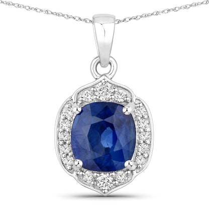2.19 Ct Genuine Cushion Ceylon Blue Sapphire and Diamond 18K White Gold Halo Pendant