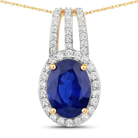 4.06 Ct Genuine Oval Ceylon Blue Sapphire and Diamond 18K Yellow Gold Statement Pendant