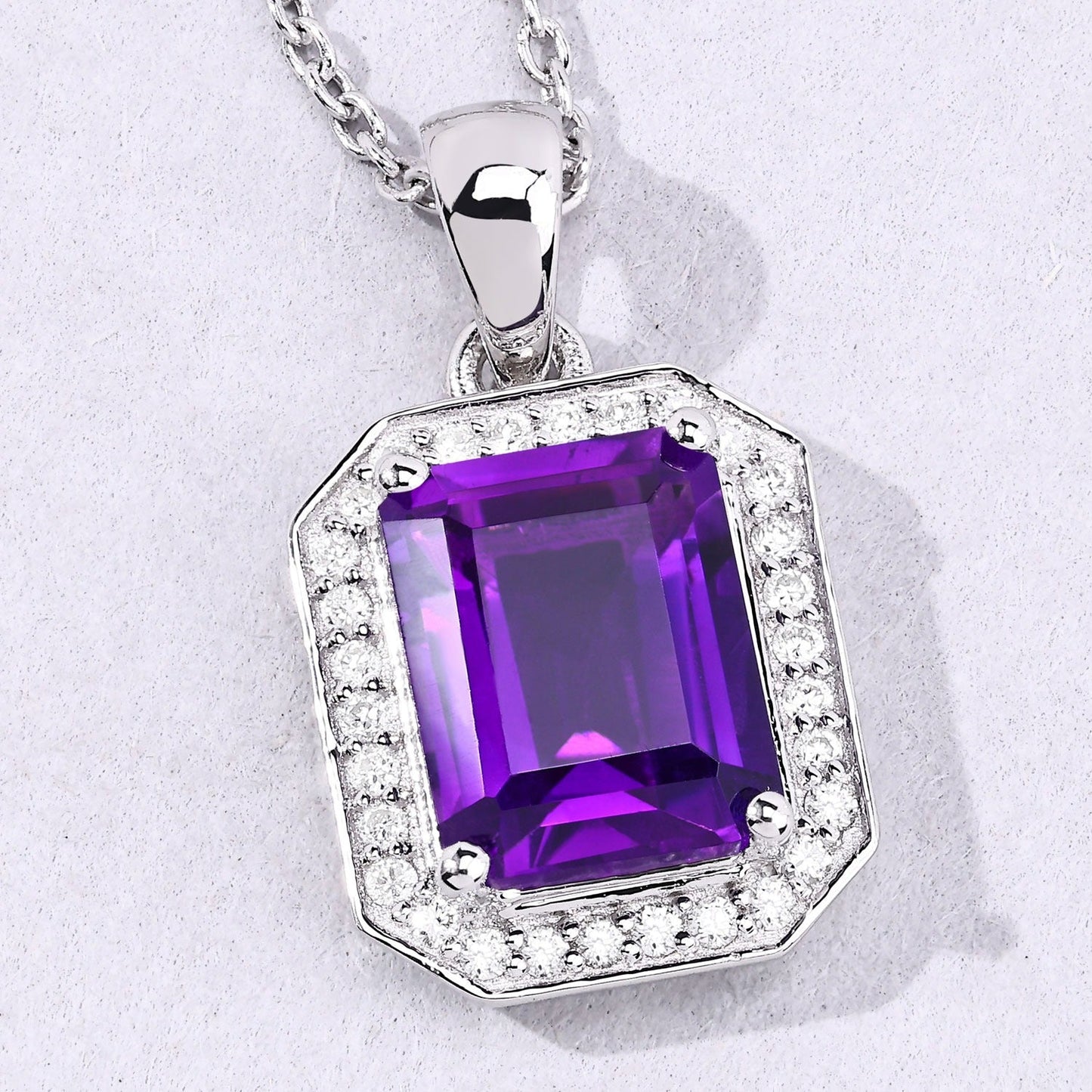 2.10 Ct Octagon Purple Amethyst & Lab Diamond Prong Silver Halo Pendant Necklace
