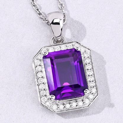 2.10 Ct Octagon Purple Amethyst & Lab Diamond Prong Silver Halo Pendant Necklace