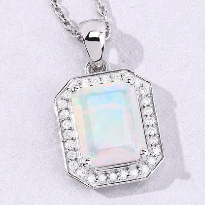 1.21 Ct Octagon White Ethiopian Opal & Lab Diamond Prong Silver Halo Pendant Necklace