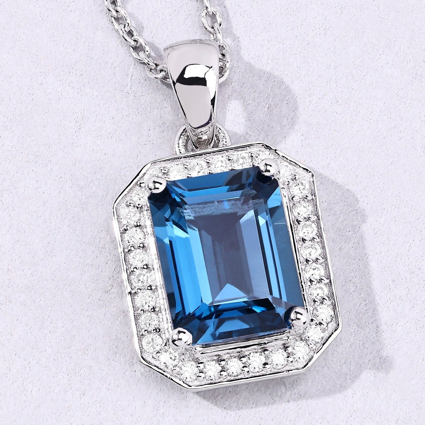 2.60 Ct Octagon London Blue Topaz & Lab Diamond Prong Silver Halo Pendant Necklace