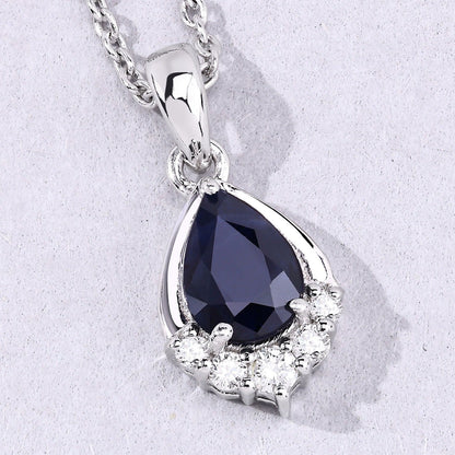0.80 Ct Pear Blue Sapphire & Lab Diamond Prong Silver Teardrop Pendant Necklace