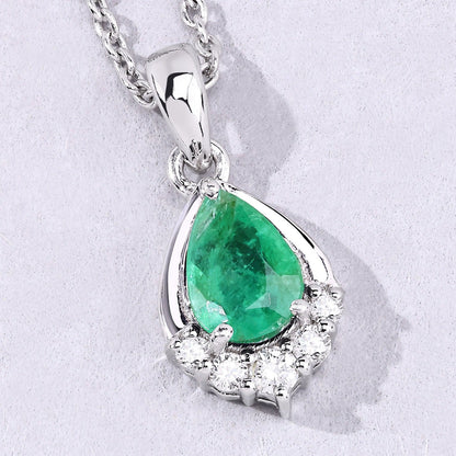 0.65 Ct Pear Green Zambian Emerald & Lab Diamond Prong Silver Teardrop Pendant Necklace