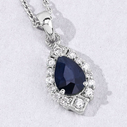 0.80 Ct Pear Blue Sapphire & Lab Diamond Prong Silver Teardrop Halo Pendant Necklace